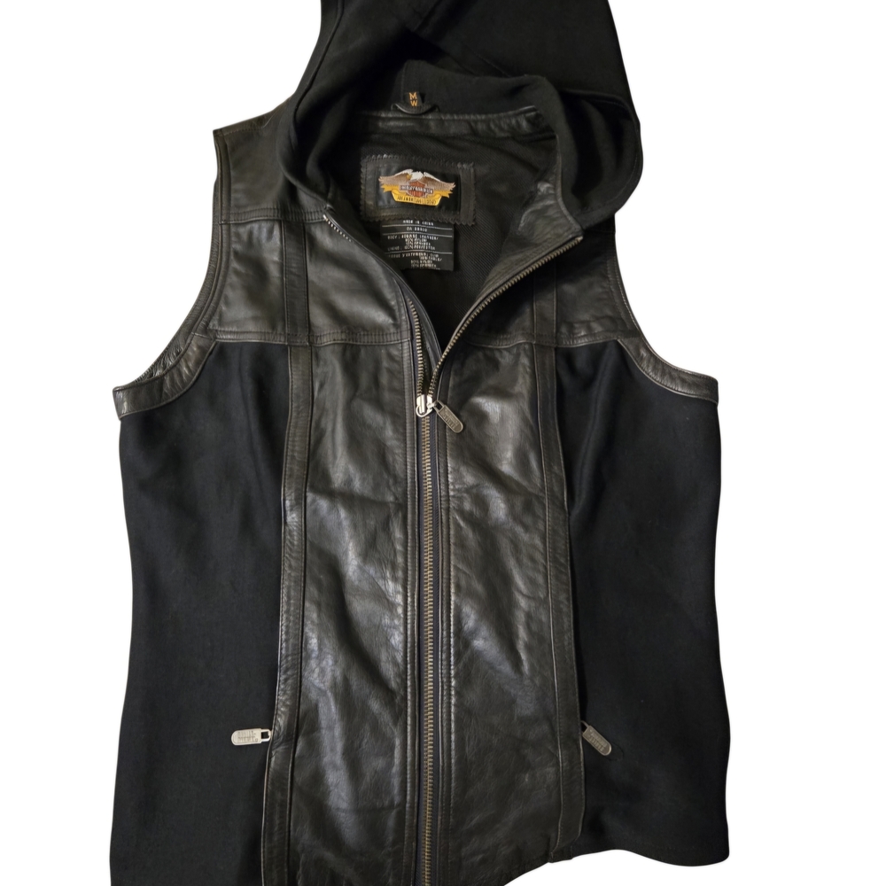 HARLEY DAVIDSON Black Leather Hooded Vest